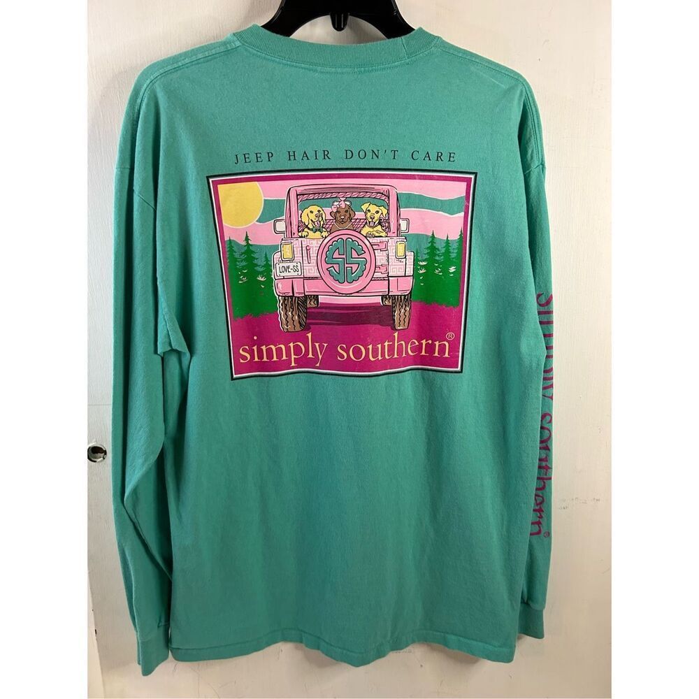 Simply Southern Large SS T-shirt "Keep hair don’t care" Green Color